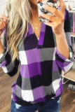 Casual Simplicity Plaid Contrast V Neck Tops