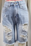 Casual Street Solid Ripped Make Old Mid Waist Denim Shorts