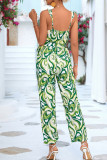 Casual Vacation Print Flounce V Neck Loose Jumpsuits