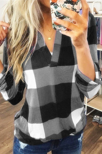 Casual Simplicity Plaid Contrast V Neck Tops