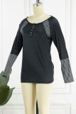 Casual Print Patchwork Buckle O Neck Tops
