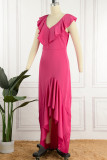 Elegant Solid Flounce V Neck Irregular Dress Dresses