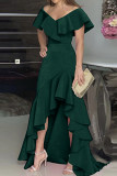 Elegant Solid Flounce V Neck Irregular Dress Dresses