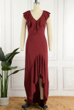 Elegant Solid Flounce V Neck Irregular Dress Dresses