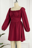 Elegant Simplicity Solid Color Stringy Selvedge Square Collar Waist Skirt Dresses