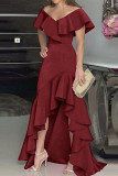 Elegant Solid Flounce V Neck Irregular Dress Dresses