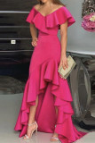 Elegant Solid Flounce V Neck Irregular Dress Dresses