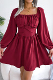 Elegant Simplicity Solid Color Stringy Selvedge Square Collar Waist Skirt Dresses