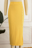 Elegant Solid Patchwork Buckle Slit Regular High Waist Solid Color Bottoms