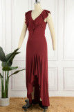 Elegant Solid Flounce V Neck Irregular Dress Dresses