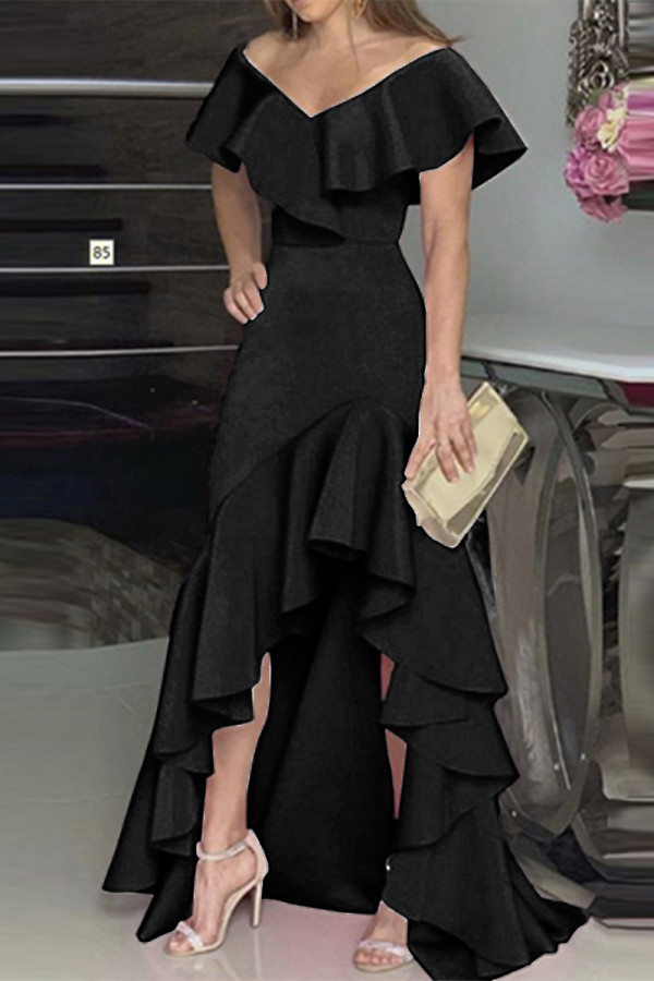 Elegant Solid Flounce V Neck Irregular Dress Dresses