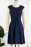 Elegant Solid With Belt Solid Color O Neck A Line Dresses