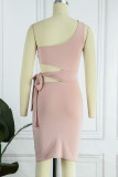Sexy Solid Bandage Hollowed Out Oblique Collar Wrapped Skirt Dresses