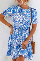 Sweet Print Patchwork O Neck A Line Dresses