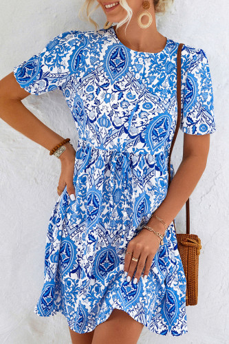 Sweet Print Patchwork O Neck A Line Dresses