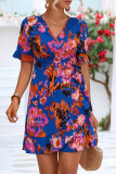 Elegant Print Bandage Flounce V Neck A Line Dresses