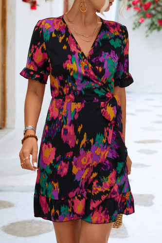 Elegant Print Bandage Flounce V Neck A Line Dresses