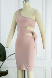 Sexy Solid Bandage Hollowed Out Oblique Collar Wrapped Skirt Dresses