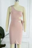 Sexy Solid Bandage Hollowed Out Oblique Collar Wrapped Skirt Dresses
