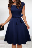 Elegant Solid With Belt Solid Color O Neck A Line Dresses