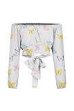 Sweet Elegant Print Bandage Patchwork Off the Shoulder Tops