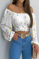 Sweet Elegant Print Bandage Patchwork Off the Shoulder Tops