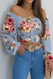 Sweet Elegant Print Bandage Patchwork Off the Shoulder Tops