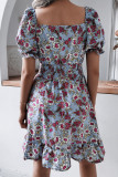 Sweet Print V Neck Waist Skirt Dresses