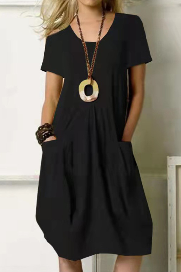 Casual Simplicity Solid Pocket O Neck Short Sleeve Dress
