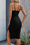 Casual Simplicity Solid Hollowed Out Slit V Neck Sling Dress Dresses