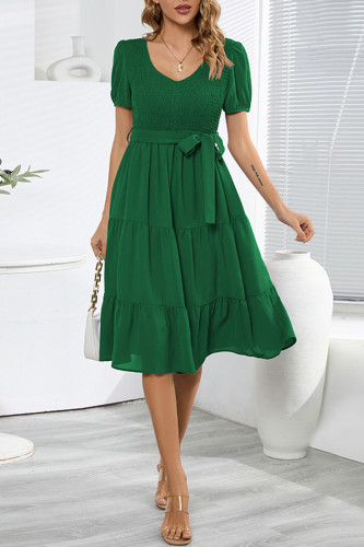 Casual Simplicity Frenulum With Belt O Neck Cake Skirt Dresses
