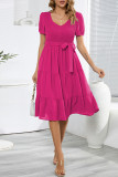 Casual Simplicity Frenulum With Belt O Neck Cake Skirt Dresses