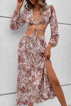Sexy Vacation National Totem Patchwork Frenulum Slit V Neck Long Sleeve Two Pieces