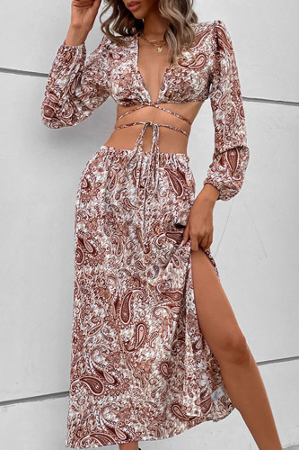 Sexy Vacation National Totem Patchwork Frenulum Slit V Neck Long Sleeve Two Pieces