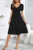 Casual Simplicity Frenulum With Belt O Neck Cake Skirt Dresses
