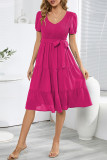 Casual Simplicity Frenulum With Belt O Neck Cake Skirt Dresses