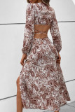 Sexy Vacation National Totem Patchwork Frenulum Slit V Neck Long Sleeve Two Pieces