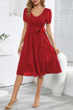 Casual Simplicity Frenulum With Belt O Neck Cake Skirt Dresses