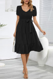 Casual Simplicity Frenulum With Belt O Neck Cake Skirt Dresses