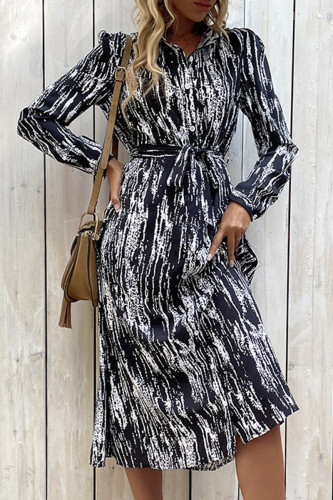 Celebrities Elegant Print Patchwork Turndown Collar A Line Dresses