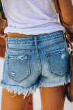 Casual Street Solid Tassel Ripped Buckle Low Waist Straight Denim Shorts