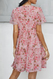 Elegant Simplicity Floral Patchwork Mandarin Collar Pleated Dresses