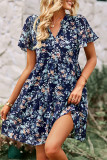 Elegant Simplicity Floral Patchwork Mandarin Collar Pleated Dresses