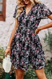 Elegant Simplicity Floral Patchwork Mandarin Collar Pleated Dresses