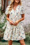 Elegant Simplicity Floral Patchwork Mandarin Collar Pleated Dresses