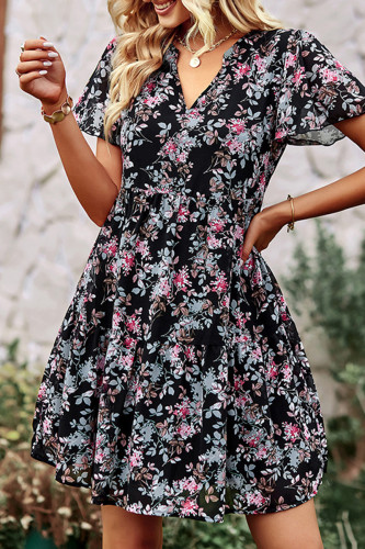 Elegant Simplicity Floral Patchwork Mandarin Collar Pleated Dresses