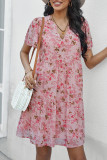 Elegant Simplicity Floral Patchwork Mandarin Collar Pleated Dresses