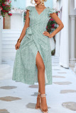 Sweet Elegant Print Frenulum Flounce A Line Dresses