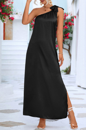 Casual Simplicity Solid Slit Oblique Collar Sleeveless Dress Dresses