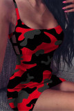 Sexy Camouflage Print Hollowed Out Square Collar One Step Skirt Dresses